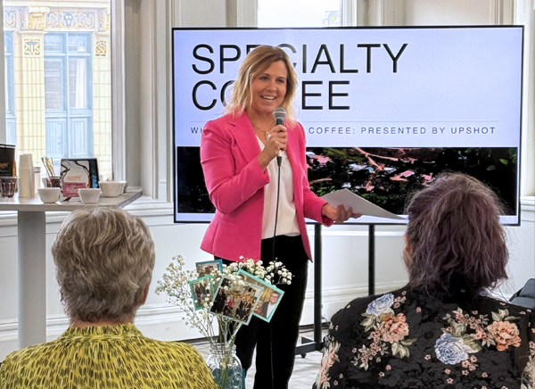 Luanne Cundiff, President and CEO, speaking at the First State Bank Common Grounds employee event.