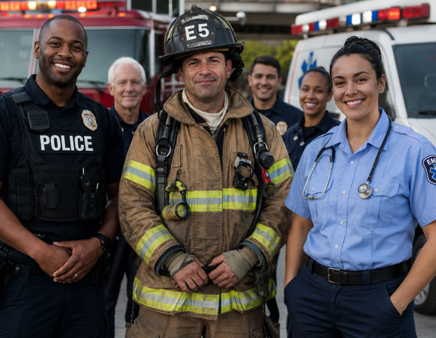 Group of first responders, including police officers, firefighter, and paramedic