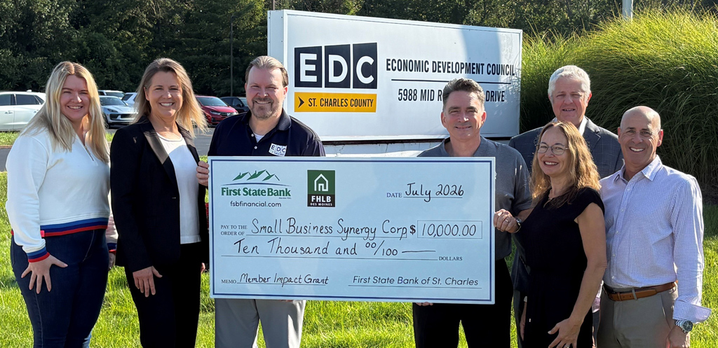 Small Business Synergy Corporation receives a donation from First State Bank in partnership with the FHLB grant program.