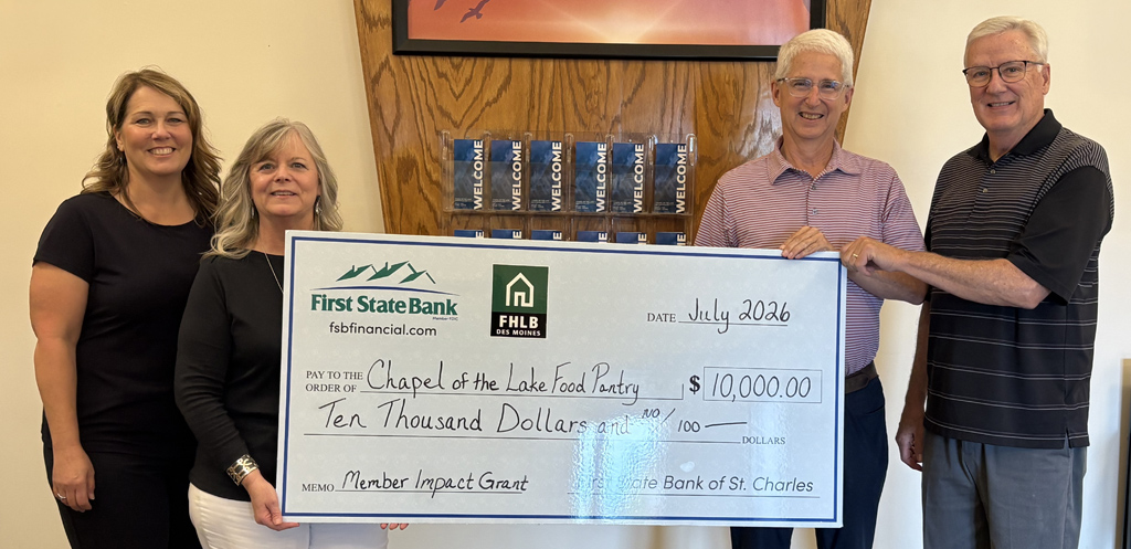 Chapel of the Lake received a donation from First State Bank of St. Charles through the FHLB grant.